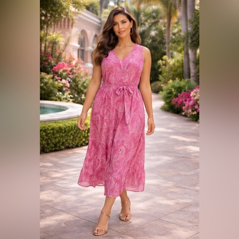 Jane and Delancey Pink Paisley Midi Dress Tie Waist Sleeveless L